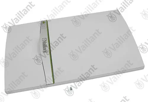 Weißes Frontpanel von Vaillant, rechteckige Form mit geprägtem Logo und grünem Akzent, geeignet für Heizungs- oder Klimageräte.